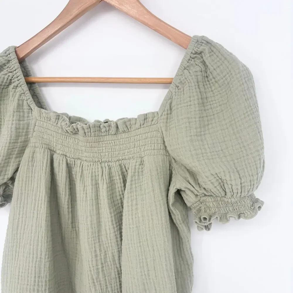 J. Crew 100% Cotton Sage Green Smocked Puff Sleeve Gauze Top Size S